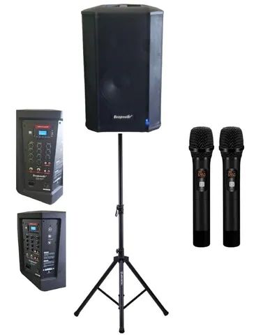 Caixa som profissional bluetooth recarregável + 2 microfones sem fio + tripe em alumínio 
