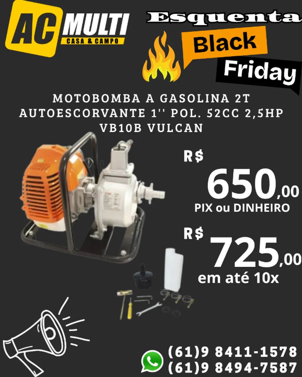 Motobomba a Gasolina 2T Autoescorvante 1'' pol. 52cc 2,5HP VB10B Vulcan