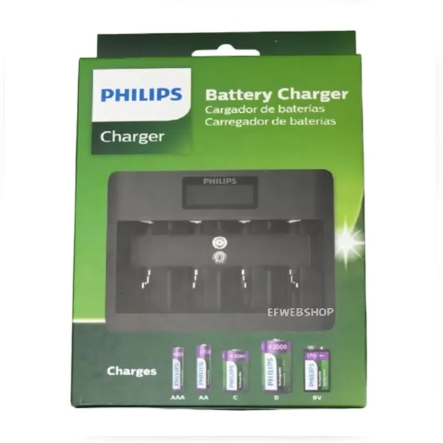 Carregador de Pilhas Philips Universal Aa Aaa C D Bateria 9v Usb SCB5000NB/97