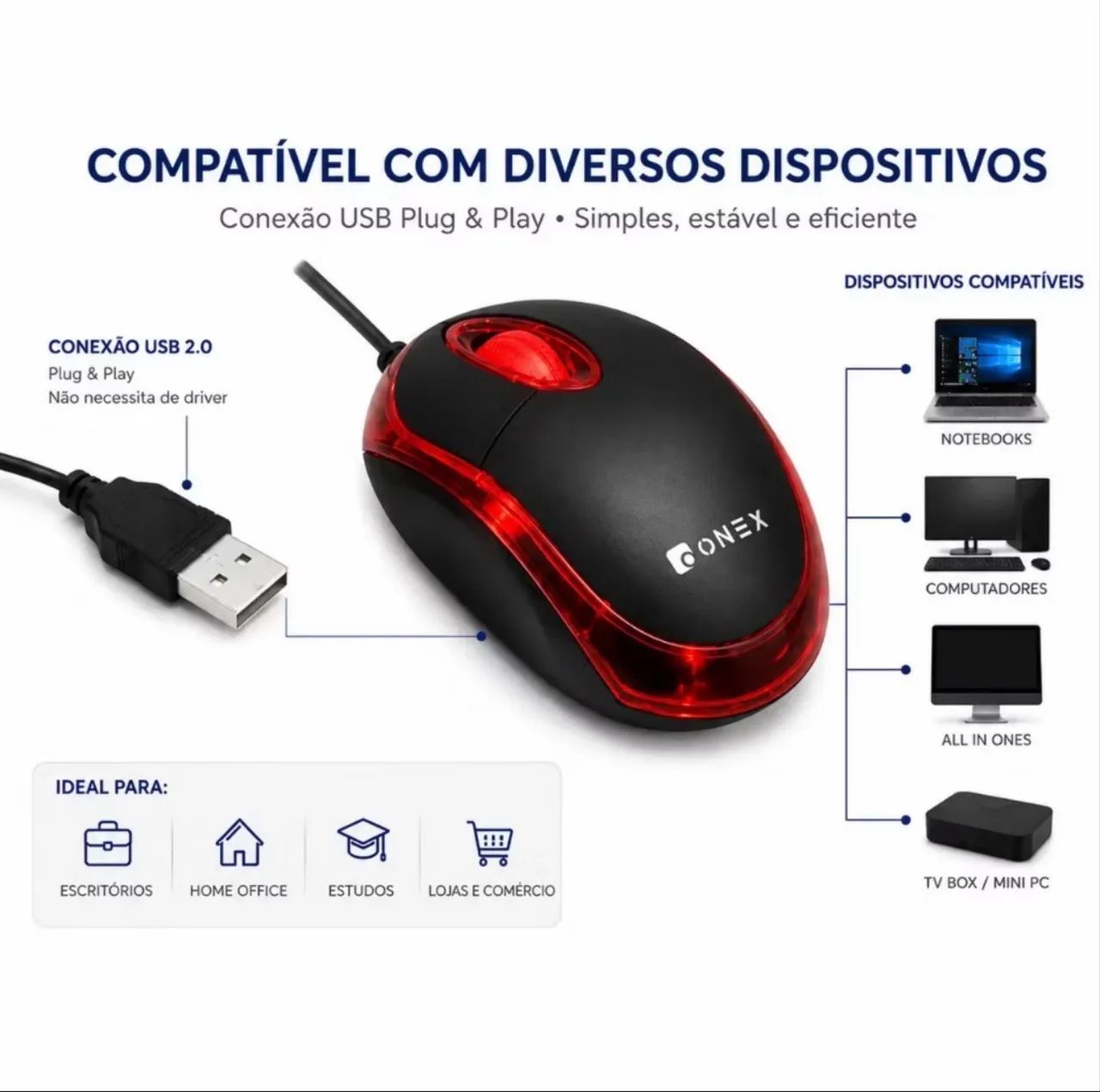 Mouse USB Óptico 1200 DPI com Fio para PC Notebook - 3 Botões