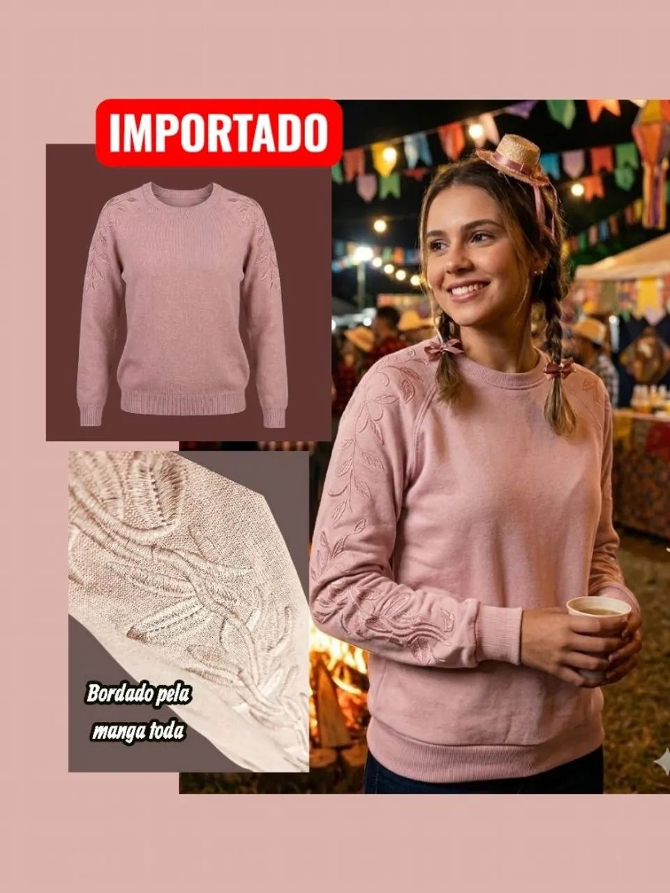 BLUSA MOLETON MANGA COMPRIDA BORDADA - ROSÉ