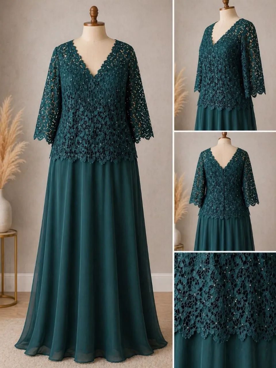 Vestido Longo Verde Escuro Plus Size Bordado