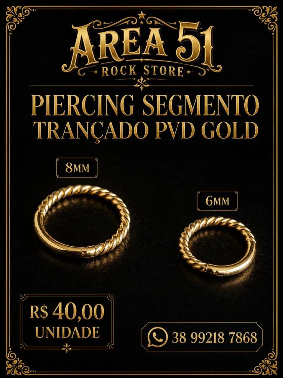 Piercing segmento argola trançada PVD Gold 