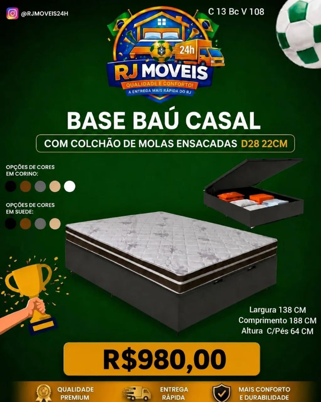Cama  Baú casal + colchão casal D28 molas Ensacada 