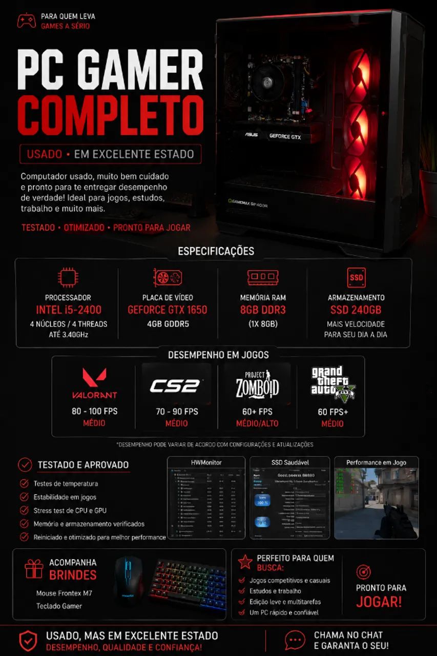 PC Gamer GTX 1650 + SSD + i5 | Pronto para Jogar