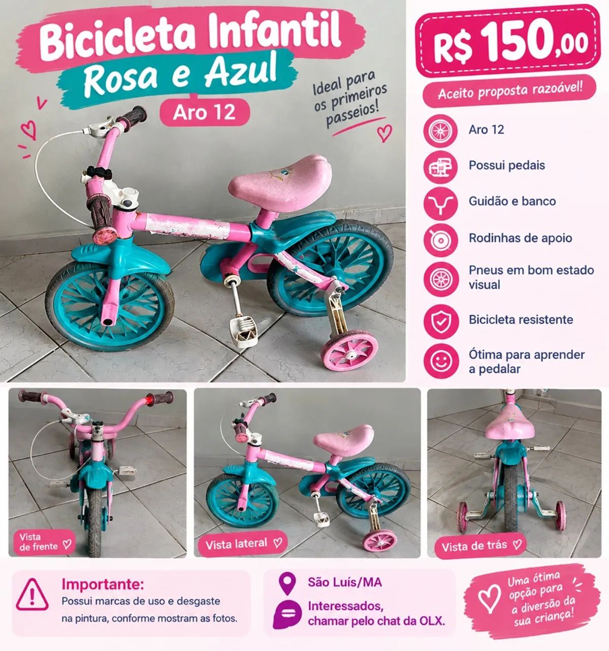 Bicicleta Infantil Rosa e verde