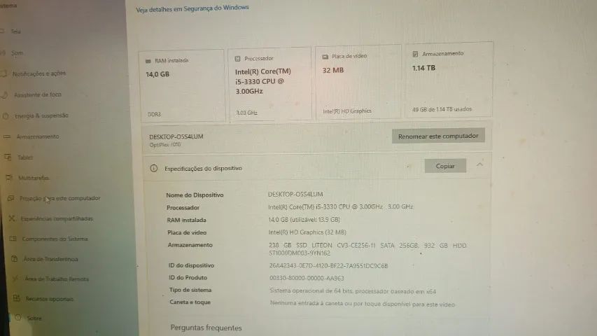 Computador GAMER i5/Mem 14 GIg/ Armazenamento 1,14 TB/Mon 20 Polegadas
