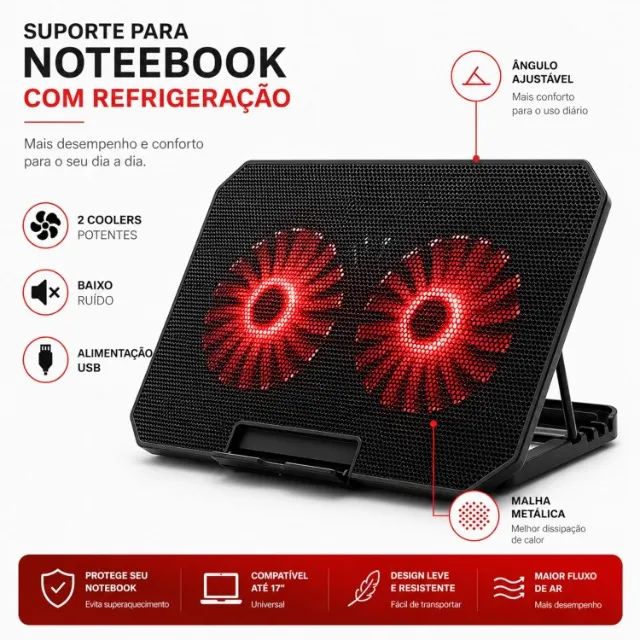 Base Refrigerada para Notebook com 2 ventiladores Cooler - USB Ergonômico
