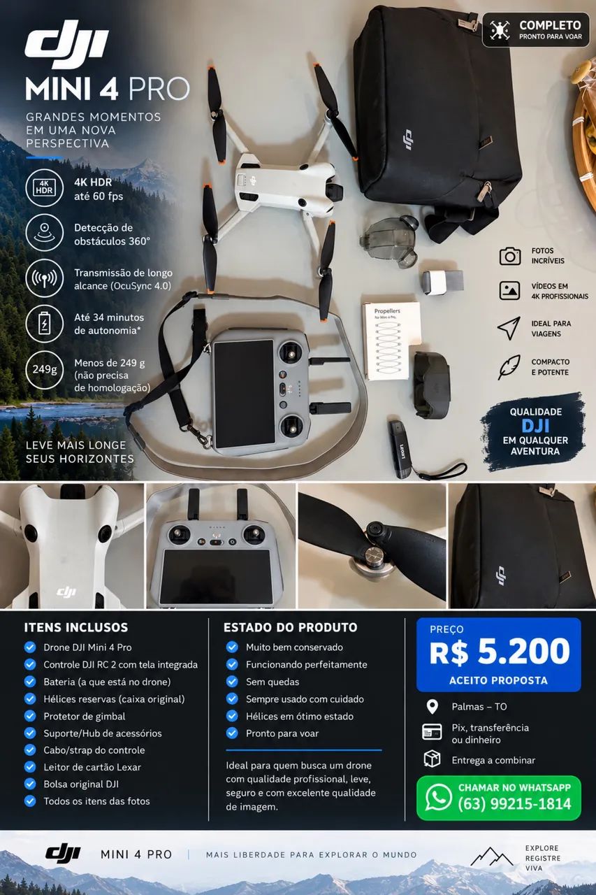DJI Mini 4 Pro + Controle DJI RC 2 com Tela | Completo | R$ 5.200
