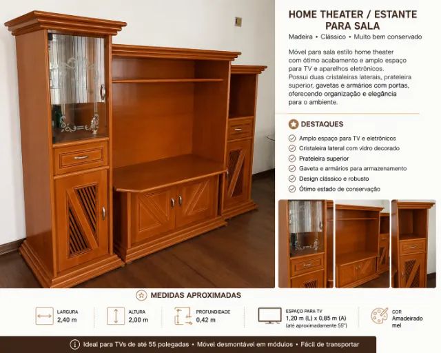 Home Theater em Madeira com Cristaleiras e Rack para TV