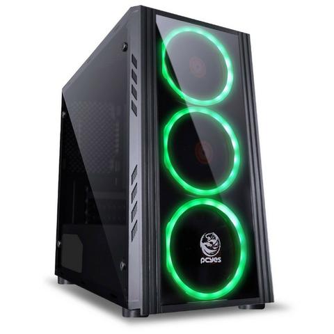 Gabinete Gamer PcYes Saturn Preto Acrílico LED verde ? com 3 fans de Led verde 120mm