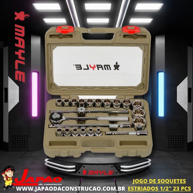 Jogo de Soquetes Estriados 1/2" C/ Maleta Vermelha ou Cinza 23 Peças Mayle