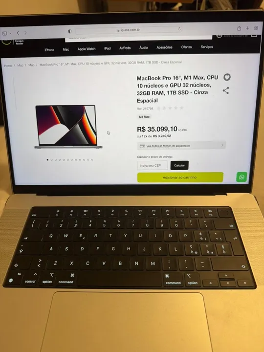 Macbook pro 16, m1 max chip, 64gb ram, 1tb armazenamento, bateria 100%