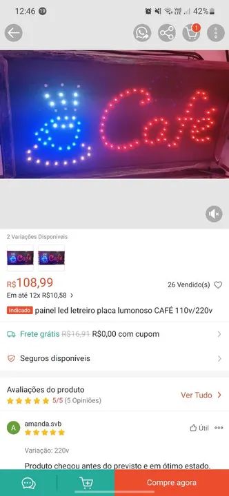 Placa/Painel iluminado CAFÉ.  - Foto 2