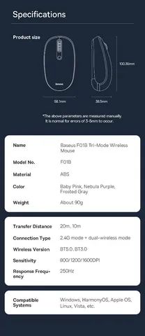 Baseus FO1B Tri-Mode Wireless Mouse (No Pix R$70.00)64617795887747124