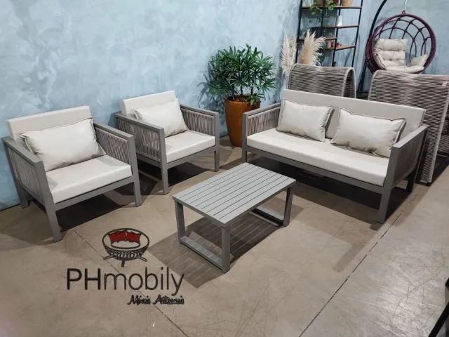 JOGO DE SOFA PARIS DE ALUMINIO COM CORDA NÁUTICA E TECIDO NÁUTICO IMPERMEÁVEL