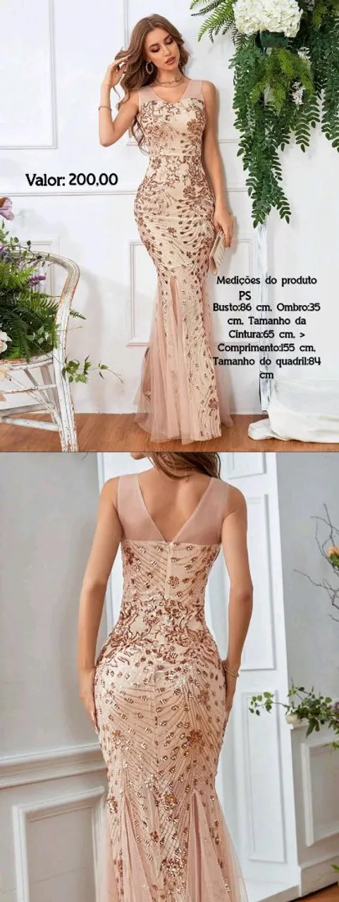 Vestido de festa longo com paetês e tule.