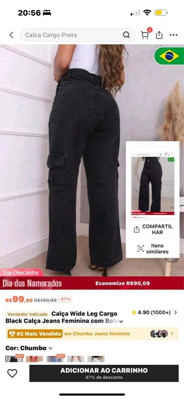 Calça Cargo Wide Leg Jeans Feminina - Foto 2