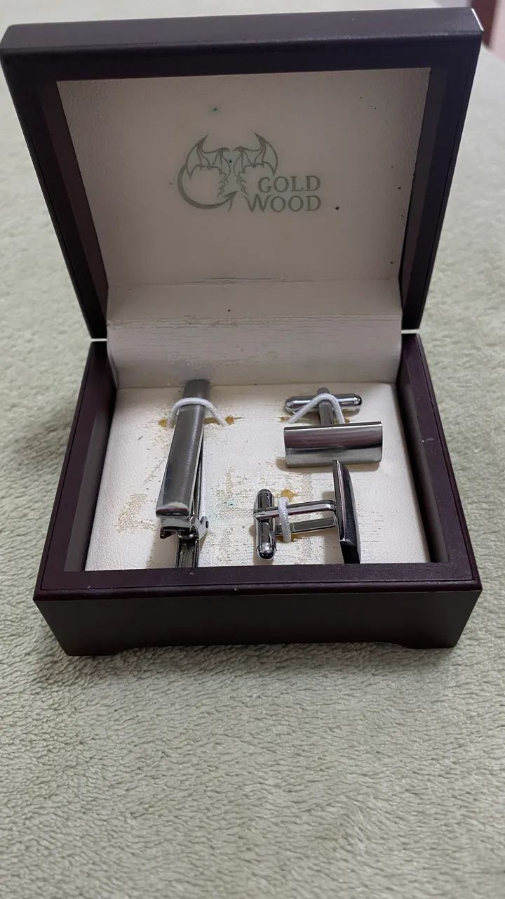 kit executivo gold wood abotoaduras e prendedor - Foto 2