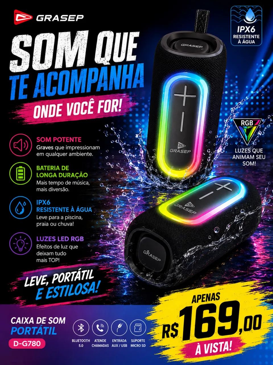 Caixa de Som Bluetooth Grasep Portátil