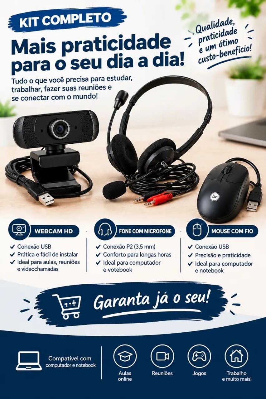 Câmera Webcam  + fone com microfone para computador e notebook+ mouse com fio. semi-novo