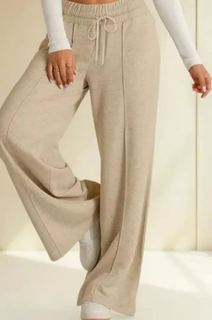 calça bege de perna larga, pantalona linho - Foto 3