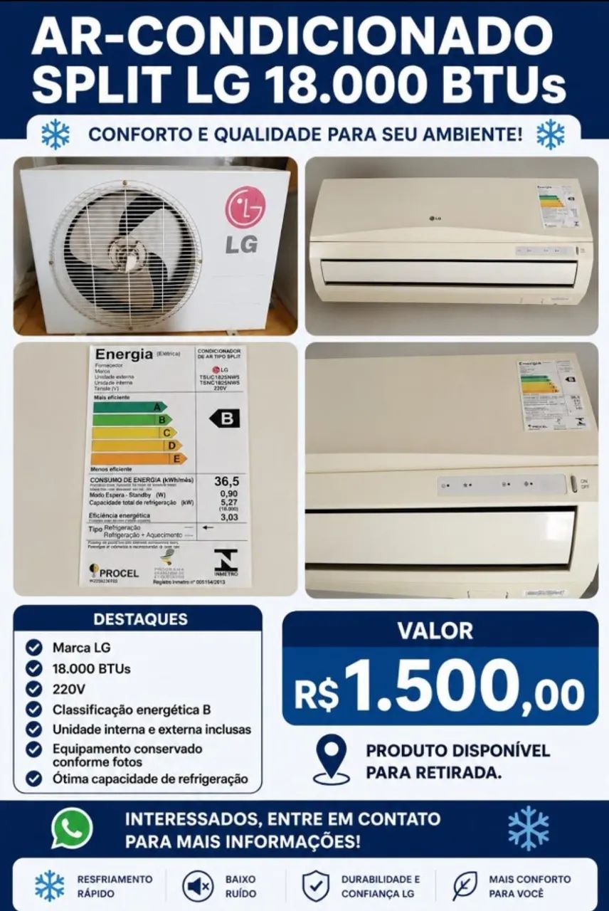 AR-CONDICIONADO SPLIT LG 18.000 BTUs