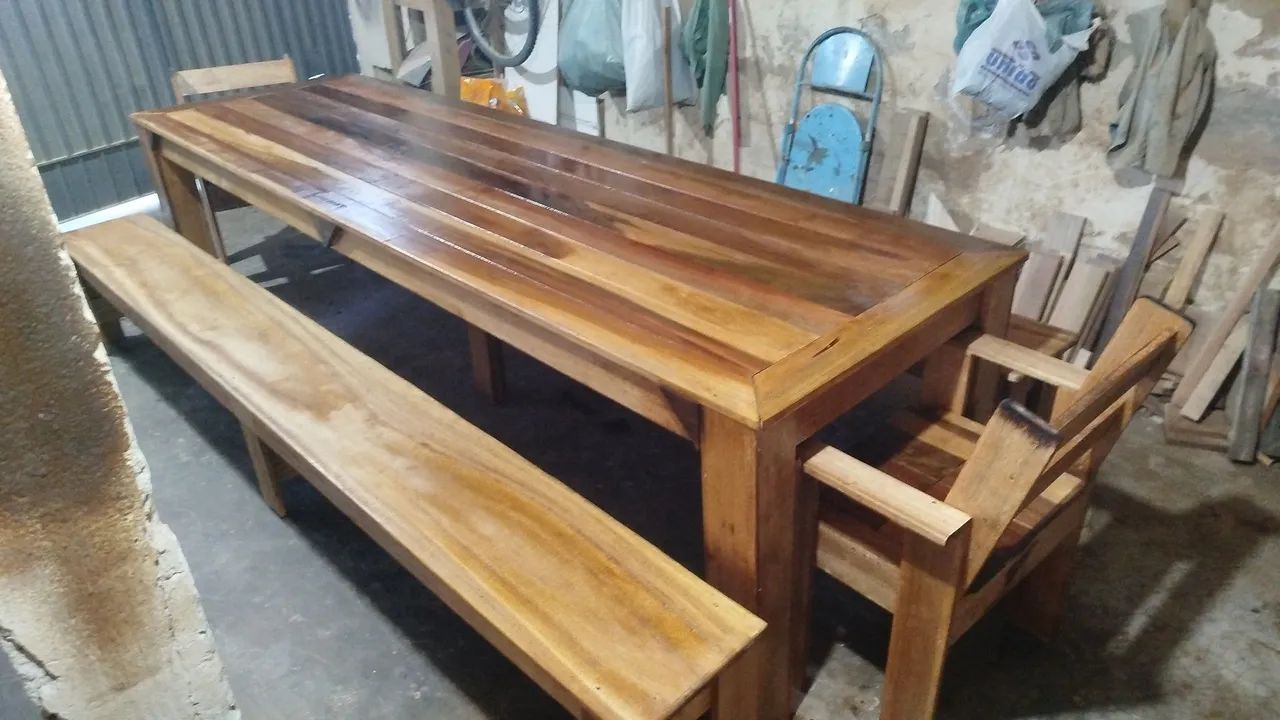 Mesa Rústica 3 m x 90 cm mais dois bancos e mais 2 cadeiras estilo RACK  - Foto 2