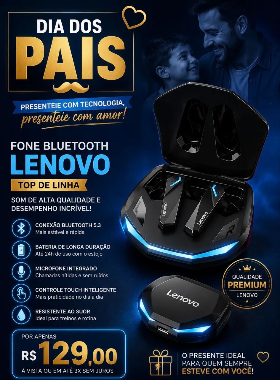 Fone ouvido Bluetooth Lenovo 