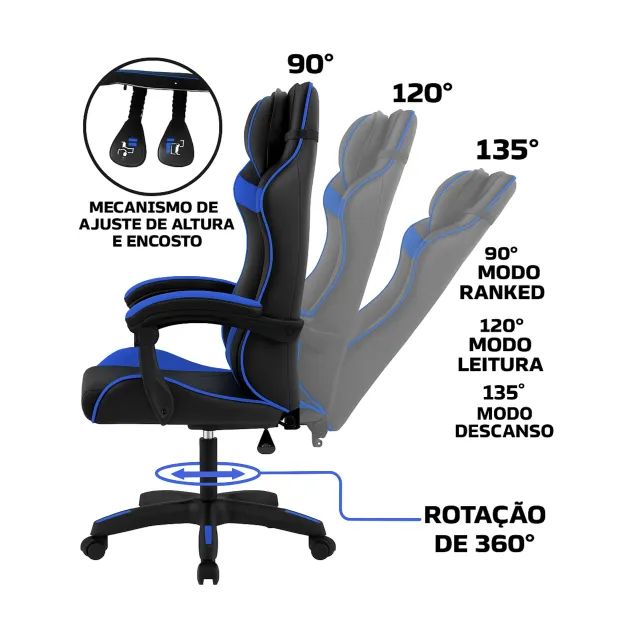 Cadeira Gamer Escritório Reclinável Ergonômica Giratória com Rodinhas X-On - Azul - Foto 2