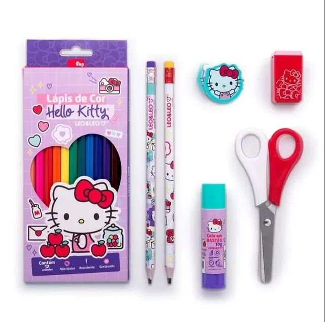 Kit Escolar Lápis De Cor 12 Cores Hello Kitty C/6 Kits - Artigos