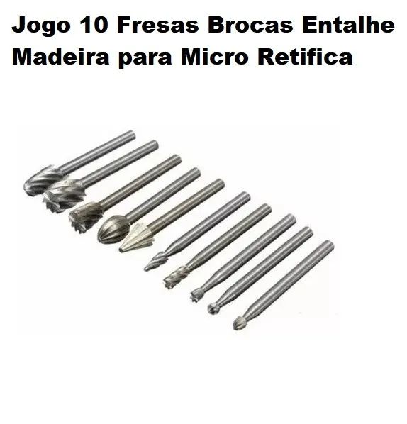 Jogo 10 Fresas Brocas de Entalhe Madeira para Micro Retifica