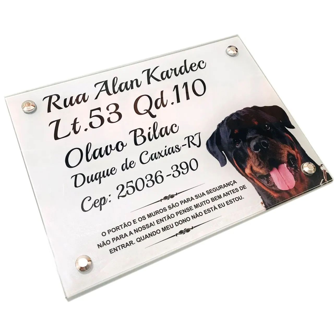 Placa de endereço em alumínio e vidro temperado 