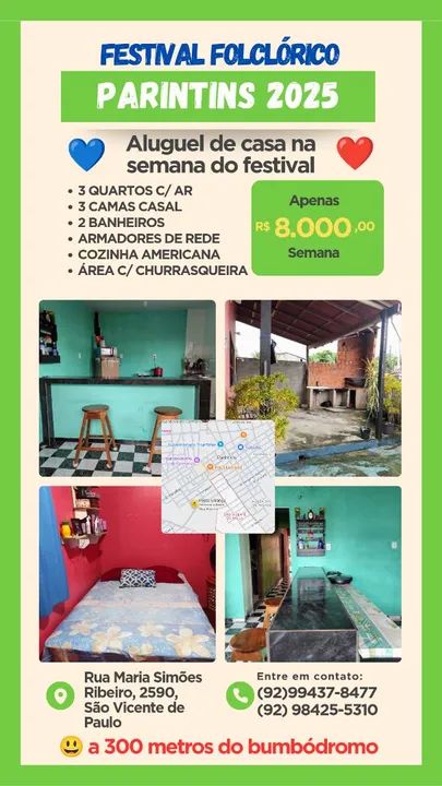Casa para temporada em Parintins - Festival Folclórico 2025