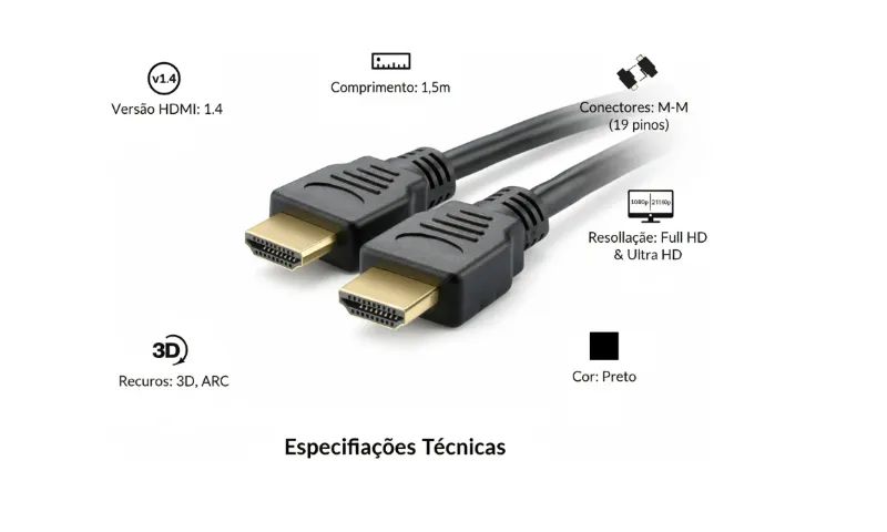 Cabo Hdmi 1,5m Macho X Macho Full Hd E Ultra Hd 4k Televisão, monitor