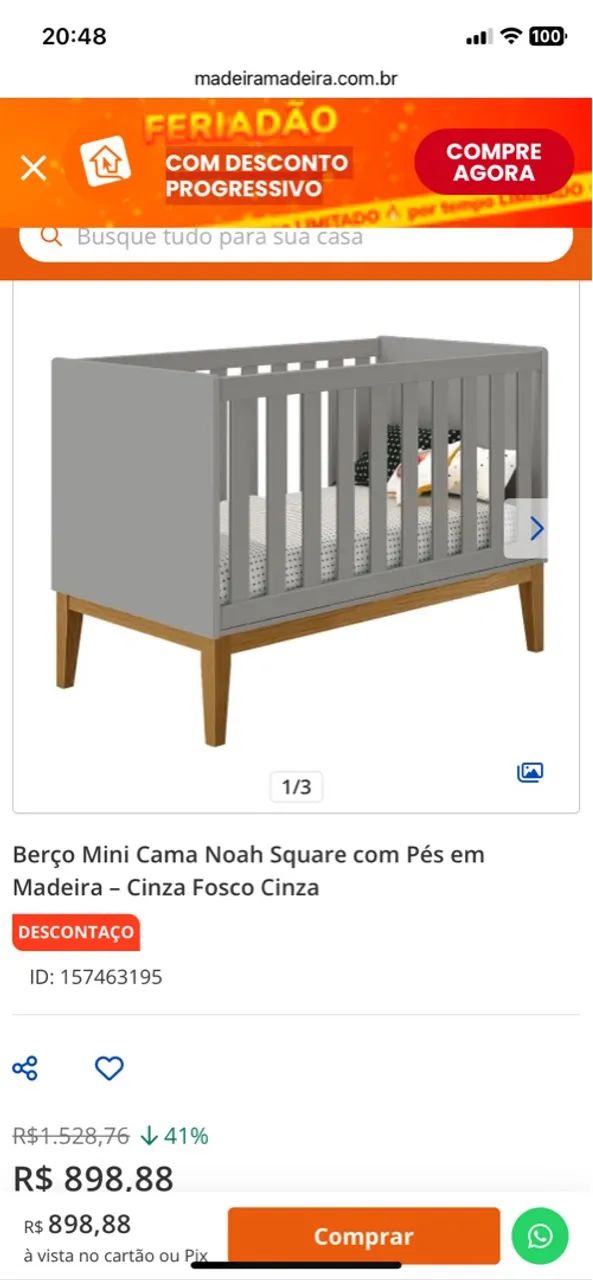 Berço Mini Cama Noah com Pés Square Mel Cinza Fosco - Foto 2