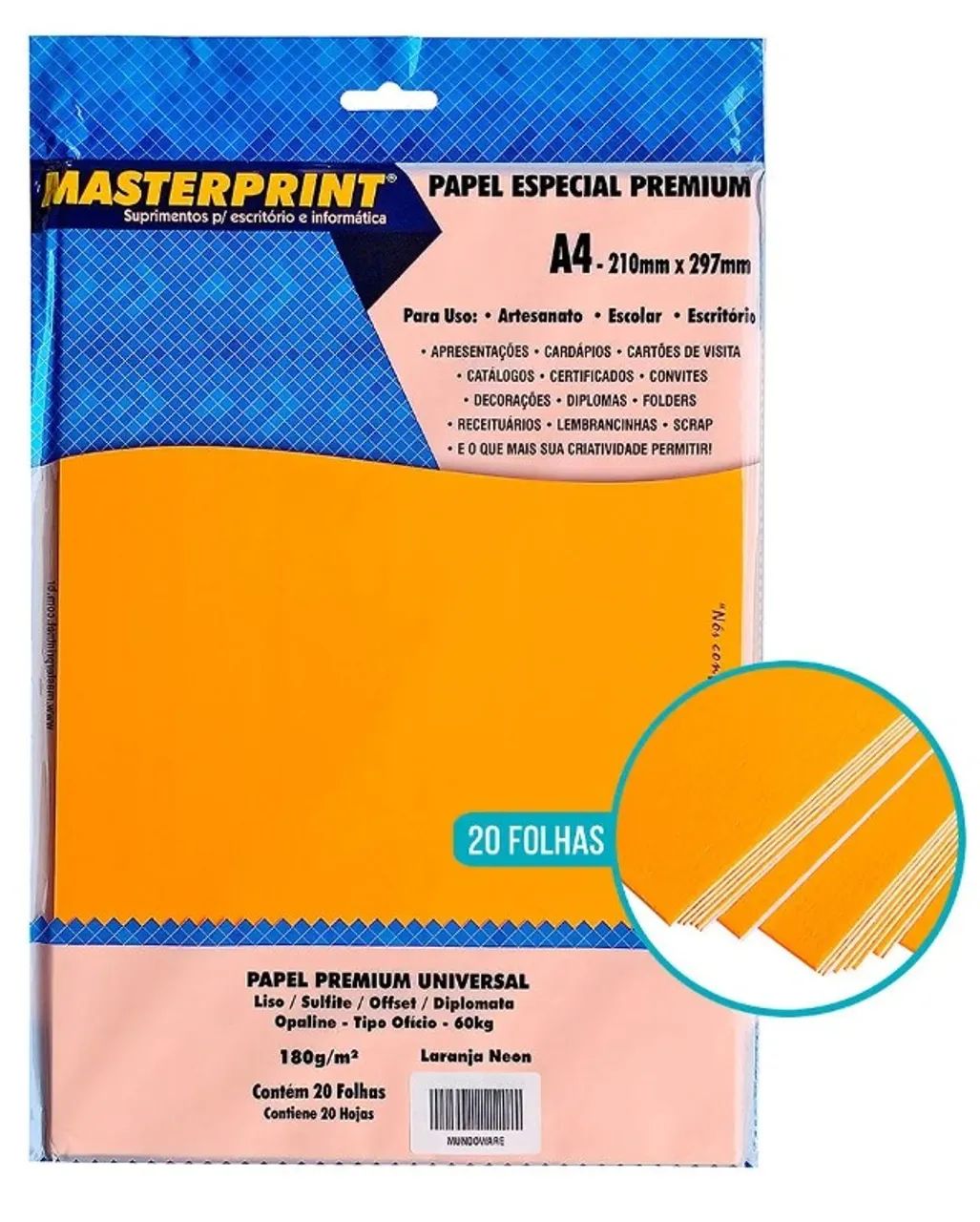 PAPEL OFFSET OPALINE DIPLOMATA LARANJA NEON 180G MASTERPRINT A4 20 FOLHAS - Foto 2