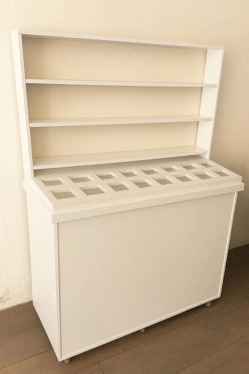 Balcão mix branco açaiteria com prateleiras 