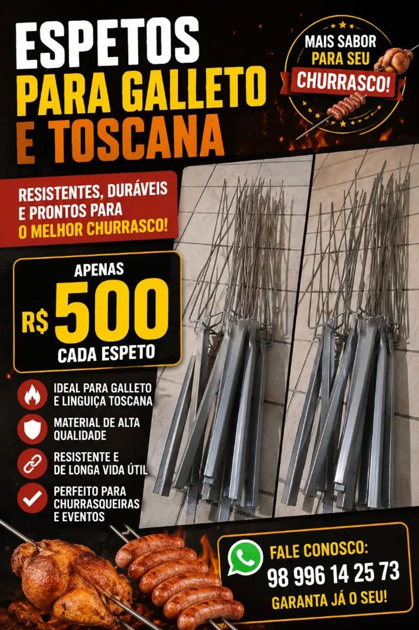 Espeto inox para galeto e Toscana