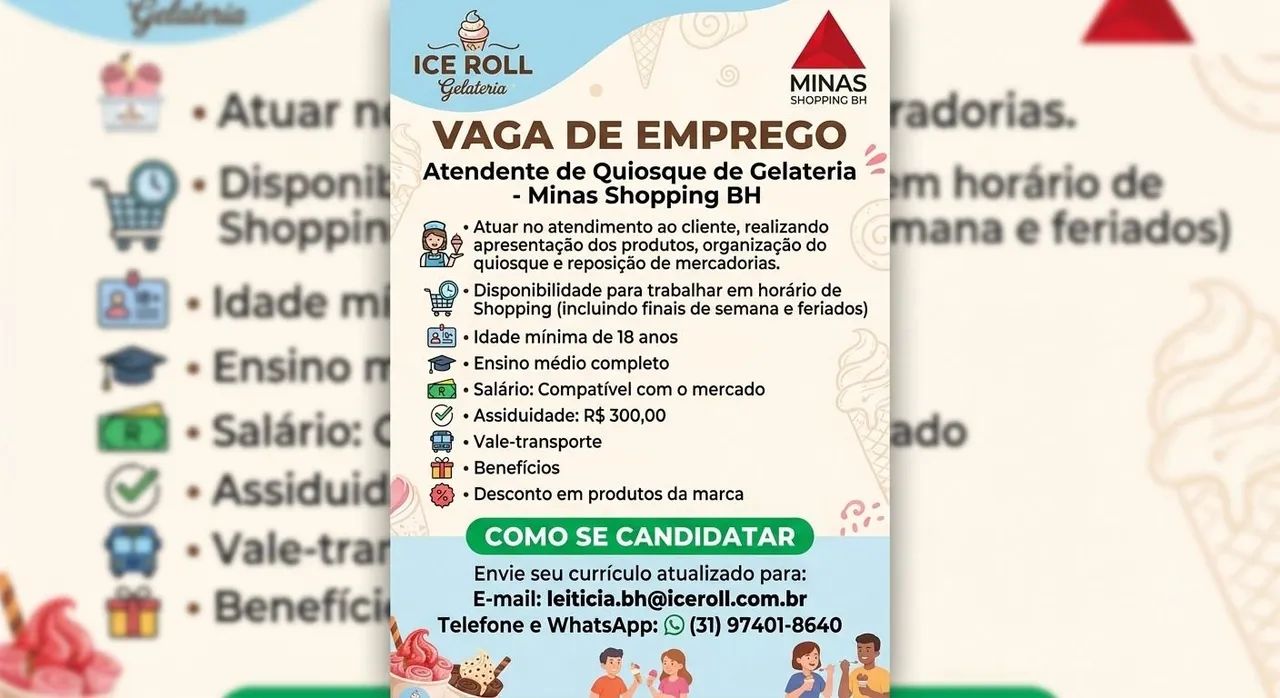 Vaga- Atendente Gelateria - Minas Shopping