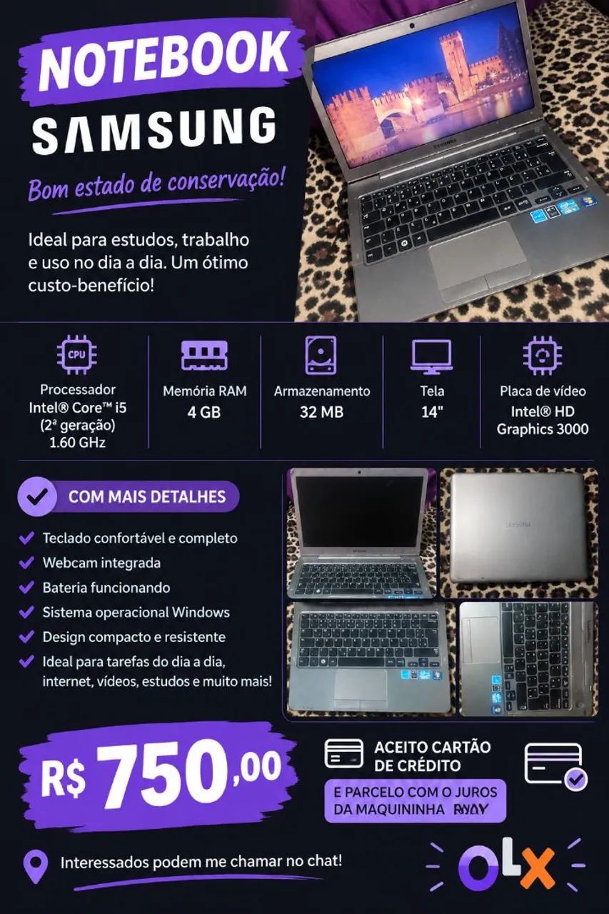 NOTEBOOK SAMSUNG - R$ 750,00