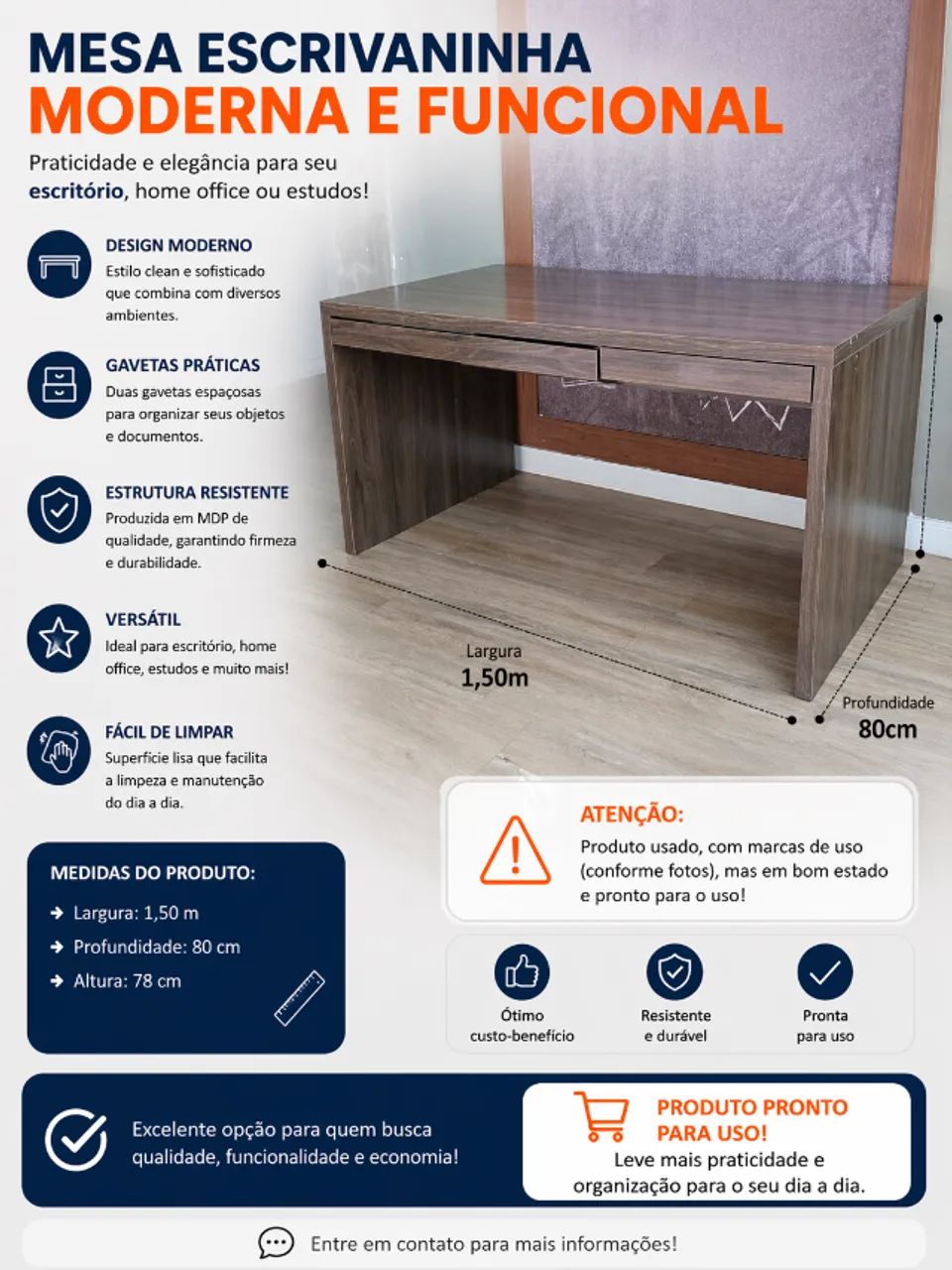 MESA ESCRITÓRIO COM GAVETAS
