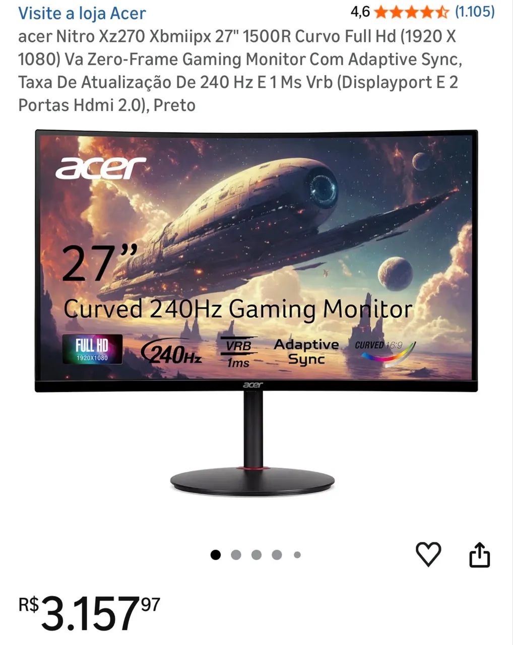 Monitor 240hz 27 polegadas curvo Acer nitro 