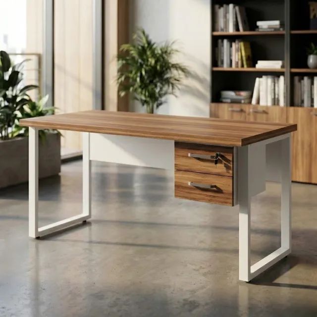 Mesa Escritório PÉ QUADRO C/ Gavetas Nogal Sevilha/Branco Funcional 34321