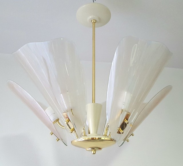 Luminária Pendente 5 Pétalas Em Vidro Anos 50/60 Restaurada  - Foto 2