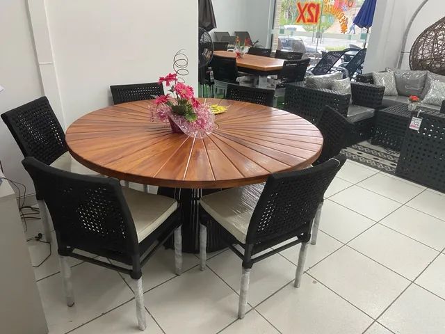 Conjunto mesa Itália tampo madeira perobas / cadeiras corda nautica - Foto 5