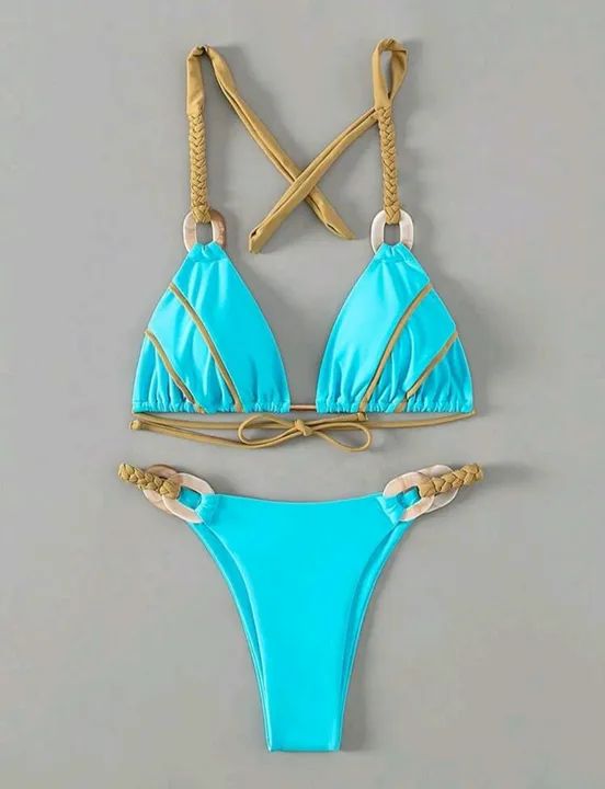 Biquíni azul com detalhes em dourado - Foto 2