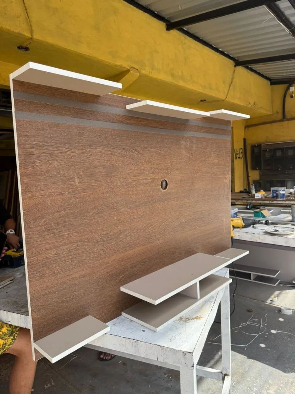 Modern Wooden TV Panel with Shelves