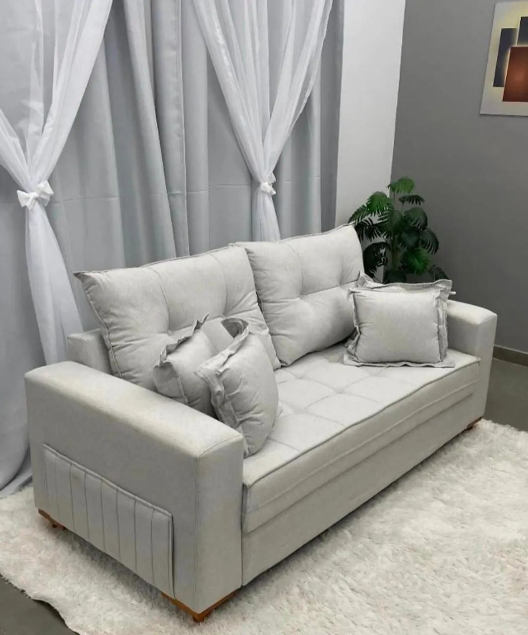 Sofá Lucy com Almofadas Soltas 3 Lugares Tecido Linho 200cm- Produto Novo
