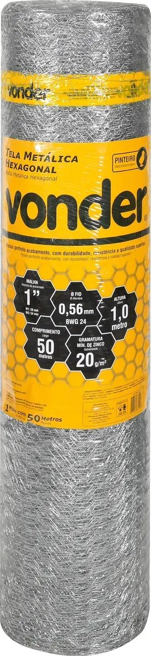 Tela metálica hexagonal, malha 1", 24 BWG x 1,0 m, com 50 m, pinteiro, VONDER
